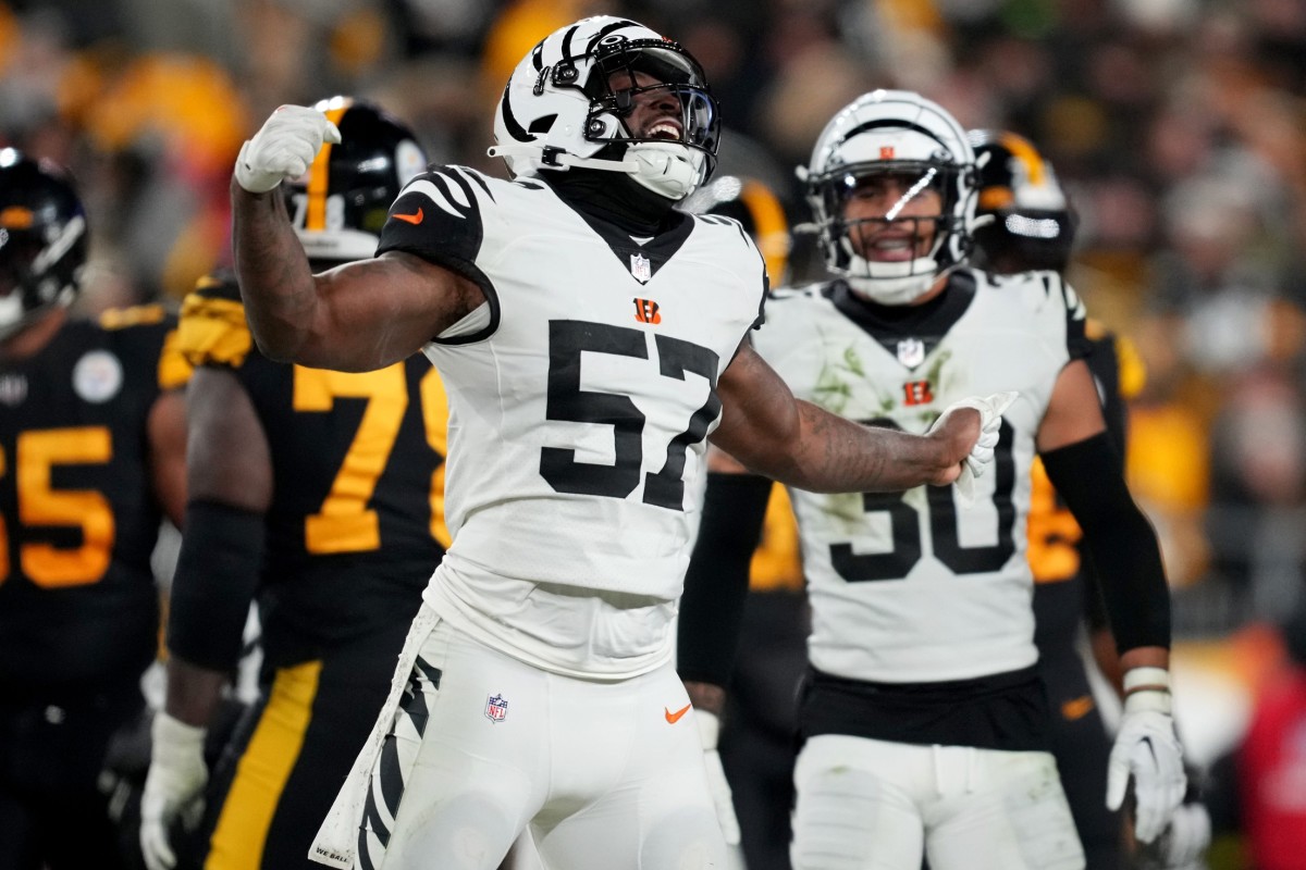 Cincinnati Bengals linebacker Germaine Pratt (57) celebrates a tackle for loss in the third quarter during a Week 11 NFL game against the Pittsburgh Steelers, Sunday, Nov. 20, 2022, at Acrisure Stadium in Pittsburgh, Pa. The Cincinnati Bengals won, 37-30. Nfl Cincinnati Bengals At Pittsburgh Steelers Nov 20 0083